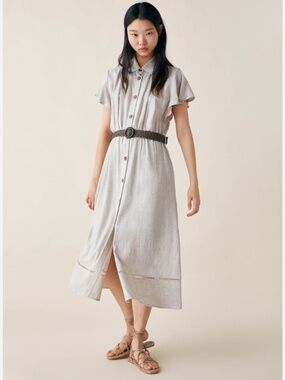 Zara Belted Linen Midi Dress Button Front Short Sleeve Linen Viscose S